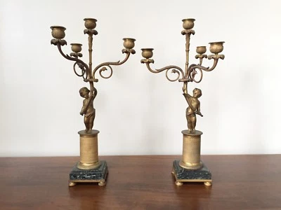 Candelabro de bronce del siglo XIX con soporte para candelabro Putti/querubín ~ par Foto 1 de 4