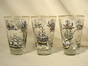 3 Vintage Libbey Sailing Ships Tumbler Glasses 12 oz Black Gold 1950s Excellent! - Picture 1 of 2