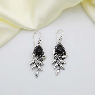 Pendientes de piedras preciosas en forma de pera de ónix negro, pendientes de flores, pendientes étnicos, mamá g Foto 1 de 4