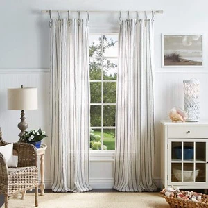 Martha Stewart Laguna Stripe Semi-Sheer Tie Tab Window Curtain Panel Pair, 95... - Picture 1 of 7