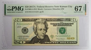 Near Solid Serial Number 11111121 2017A $20 PMG 67 EPQ - Picture 1 of 2