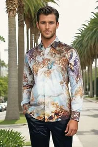 Barabas Men's Rhinestone Angels Pattern Long Sleeve Shirts 3SPR618 - Picture 1 of 10