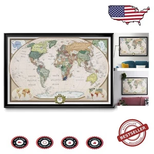 Colorful World Map Canvas Wall Art with Black Frame Wall Hanging Travel Map - Picture 1 of 8