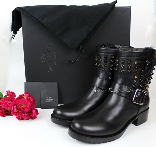 NUOVI Stivali Biker Valentino Garavani Neri Rockstud in Pelle Nero EUR 36 5