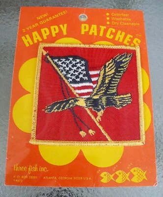 1972 HAPPY PATCHES THREE FISH PATCH PATRIOTIC FLAG & BALD EAGLE NIP - Image 1 of 4