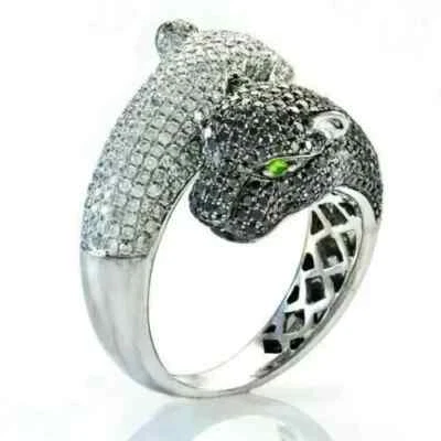 Anillo de pantera animal de diamantes negros de 1,50 quilates creado en laboratorio para hombre enchapado en oro blanco de 14 k Foto 1 de 4