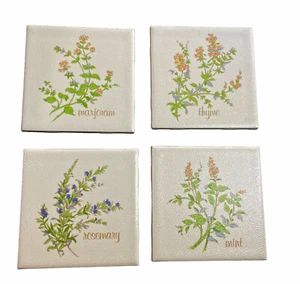 Vintage USA Ceramic Tile Set of 4 Herbs Mint, Marjoram, Thyme & Rosemary 4.25" - Picture 1 of 4