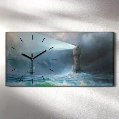 Dekor Leinwand Uhr Wandbilder Geräuschlos 60x30 Meeres sturm wellen Leuchtturm - Bild 1 von 4