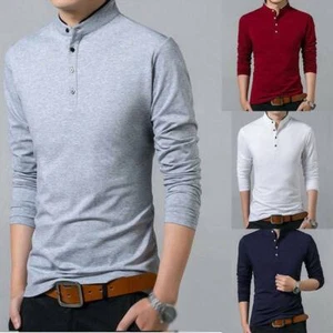 Shirt Fashion Mandarin Collar Men's Long Sleeve Grandad Shirts Slim Pullover - Picture 1 of 15