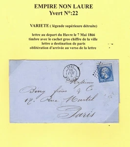 REF A51-003- N°:22 VARIETE (legende superieure detruite) Le Havre 1866/ Paris - Picture 1 of 3