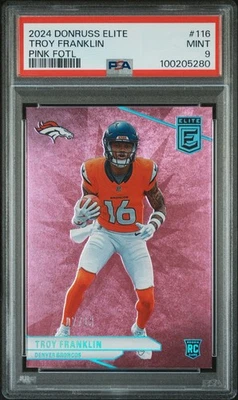 2024 Panini Donruss Elite Troy Franklin RC Pink Foil SP FOTL #/13 PSA 9 POP 1 - Image 1 of 3