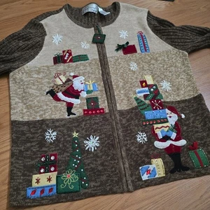 Cárdigan de Navidad Feo Marrón Talla XL De Colección Para Mujer Tejido Adornado Cremallera Completa Papá Noel - Imagen 1 de 14