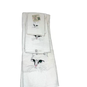 Vintage R.A. Briggs white Kitty Cat Towel Set 3 pieces NEW WITH TAGS USA made - Picture 1 of 8