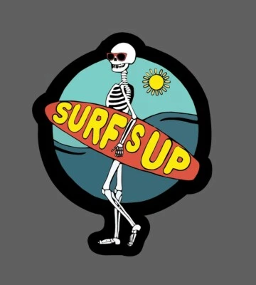 Surfs Up Sticker Skeleton Beach Waterproof Bones Ocean Tropical Gift NEW - Image 1 of 3