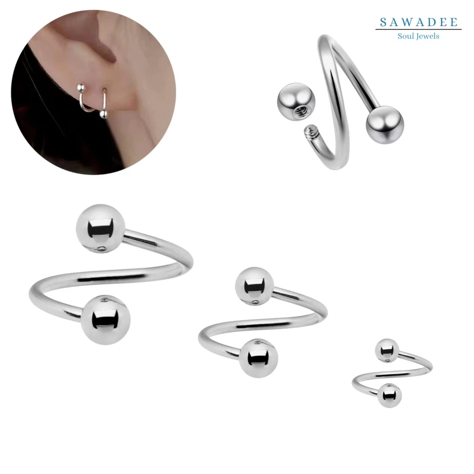 Piercing a spirale in acciaio inox orecchino twister 1 mm argento per lobo - Immagine 1 di 4