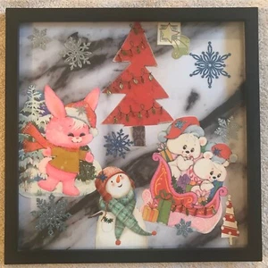 Arte navideño enmarcado hecho a mano collage vintage retro animales vacaciones arte de pared - Imagen 1 de 7