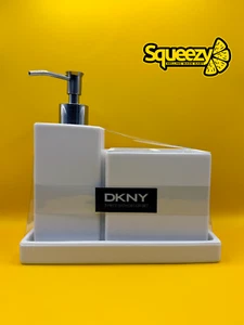 DKNY 3 Piece White Bathroom Set Accessories Soap Dispenser Toothbrush Tray £65 - Picture 1 of 6