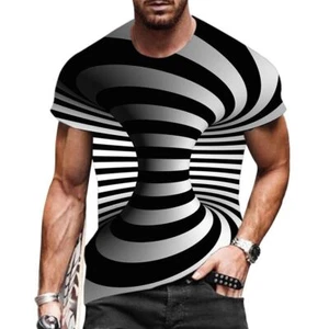 T-Shirt Men 3D Optical Illusion Novelty Short Sleeve Black White Spiral Tee - Picture 1 of 1