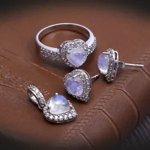 Rainbow Moonstone Ring Earrings Pendant Matching Jewelry Set 925 Sterling Silver - Picture 1 of 3