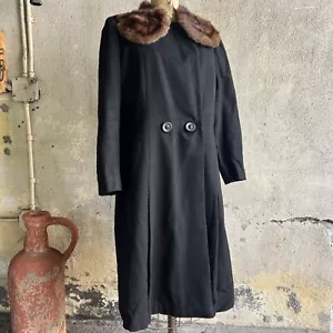 Vintage 1930s Black Wool Coat Brown Mink Fur Satin Liner Jacket Art Deco 1940s - Picture 1 of 21