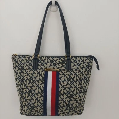 Tommy Hilfiger Black/Beige TH Signature Tote Bag W/ Red/White Stripe Accent - Image 1 of 4