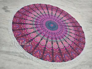 Round 72" Peacock Pink Mandala Tapestry Picnic Sheet Hippie Beach Mat Roundie - Picture 1 of 7