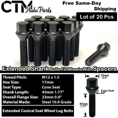 20x BMW Mini Black 12x1.5 Wheel Lug Bolt 45mm Shank E-Body with 15-20mm Spacers - Image 1 of 4