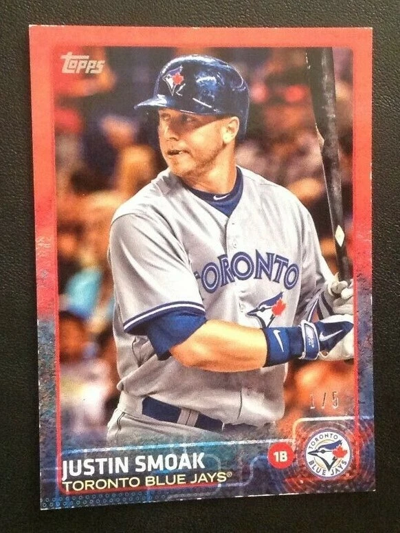 2015 Topps MINI Online Exclusive JUSTIN SMOAK RED #1/5 MADE Blue Jays #608 - Image 1 of 1