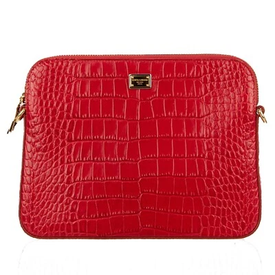 DOLCE & GABBANA Croco Texture Leather Clutch Bag CLEO Chain Logo Red 11558 - Image 1 of 4