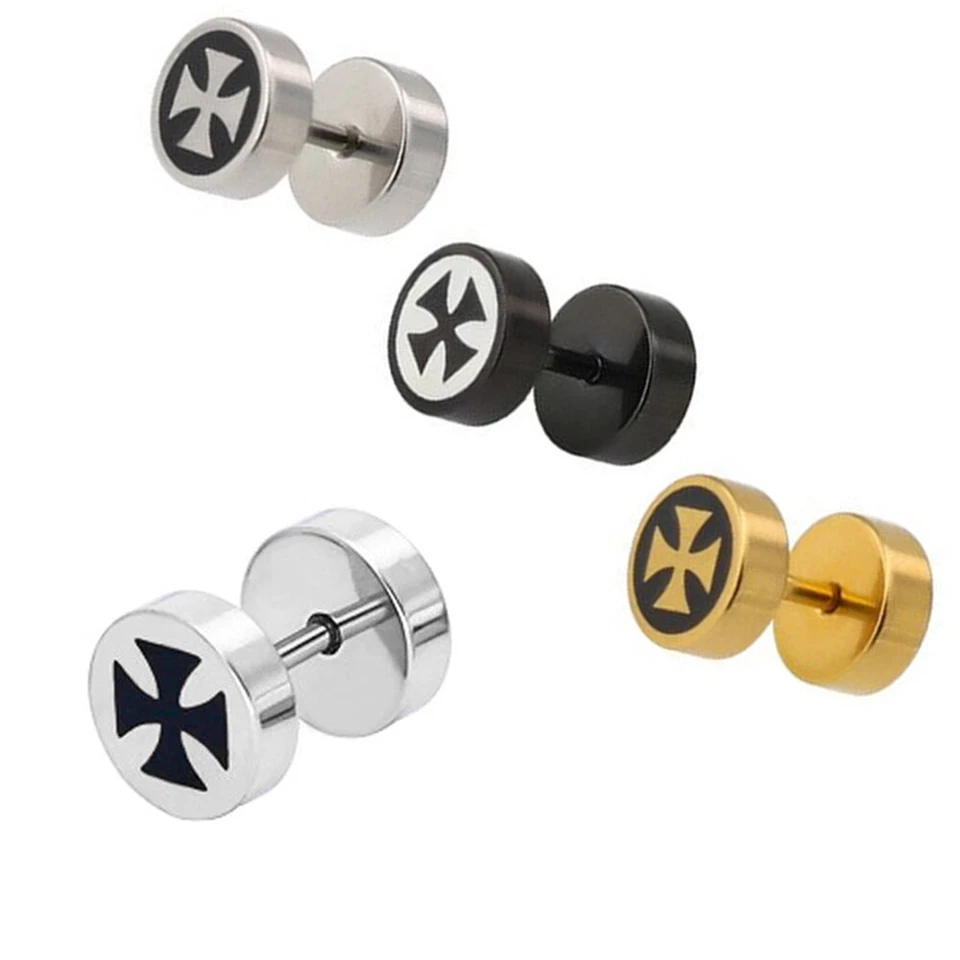 Falso Spina Piercing Orecchino a Bottone Croce Ferro Argento Nero Oro - Immagine 1 di 1