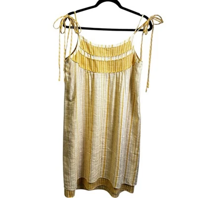 Worth Yellow White Stripe Tie Strap Tiered Mini Linen Shift Dress Womens 8 - Image 1 of 4