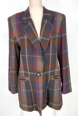 Hugo Buscati Milano Mujer Talla 10 Mezcla de Lana A Cuadros Blazer Chaqueta Púrpura Tostado Largo Foto 1 de 4