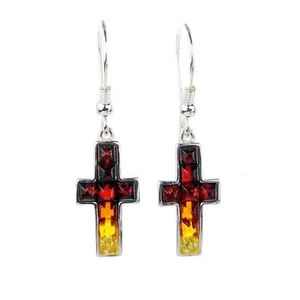 Silver Cross Earrings Dangle Multitone Natural Amber Boxed Gift - Picture 1 of 10