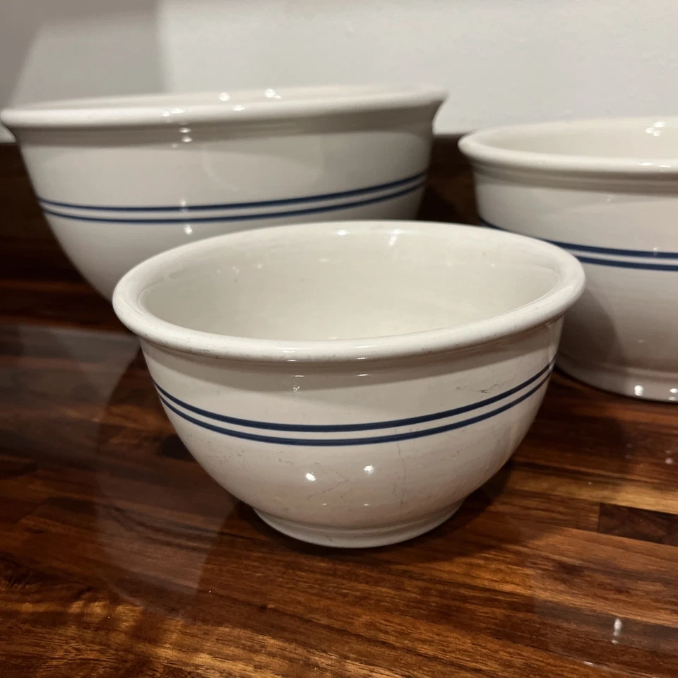Gibson Farmhouse Set Of 3 White Double Blue Stripes Mixing Nesting Bowls Stone - Image 1 of 4
