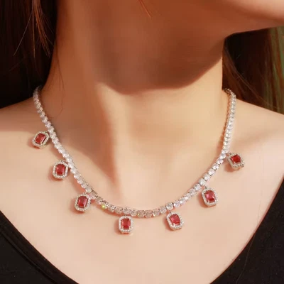 14KYell Gold Plated 25Ct Emerald Cut RubyLab Created Women's Tennis Necklace 18" - Image 1 of 4