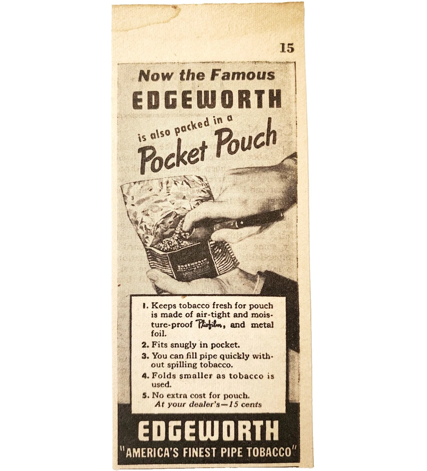 1940 Edgeworth Pipa Tabaco Publicidad Segunda Guerra Mundial Era Bolsa de Bolsillo Fumar DWP7B Foto 1 de 1