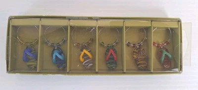 Pier 1 Imports Set of 6 Flip Flop Wine Glass Drink Charms Colorful Art Glass NOS - Image 1 of 4