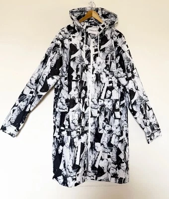 Ajobyajo Fink Label Black White Party Collage Hooded Trench Coat Mens OS - Image 1 of 4