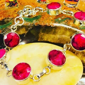 Genuine 925 Solid Sterling Silver and Natural Ruby Gemstone Bracelet  - Picture 1 of 12