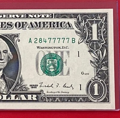 1988 $1 Dollar BOSTON Fancy Serial Number Lucky 77777-5 In A Row  UNCIRCULATED - Image 1 of 3
