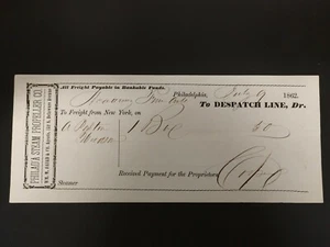 Antique July 1862 Philadelphia Steam Propeller Company Freight Payment Receipt - Picture 1 of 2