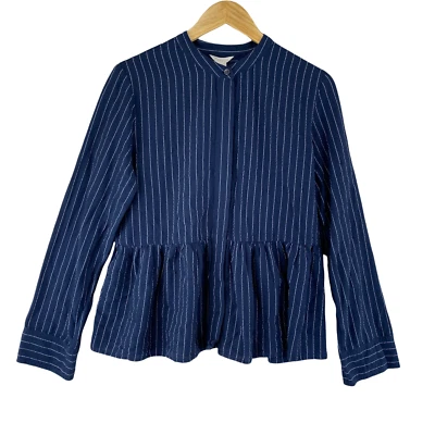 Top túnica Caslon con botones delanteros para mujer mediana azul a rayas peplum dobladillo banda collar Foto 1 de 4