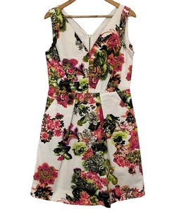 Veronika Maine Size 12 Cotton White Pink Green Floral V Neck Fit & Flare Dress - Picture 1 of 17