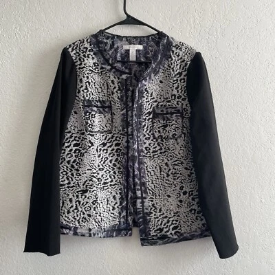 Blazer Chico's 2 US L Leopardo Blanco y Negro y Púrpura Frente Abierto Manga Larga Foto 1 de 4