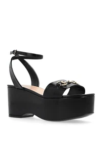 GUCCI Horsebit Black Leather Wedge 80mm Sandals New & Authentic - Picture 1 of 3