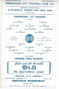 BIRMINGHAM CITY v SWINDON TOWN RESERVES 20 FEBRUARY 1965 ~ FOOTBALL COMBINATION - Picture 1 of 2