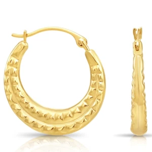 10K Real Solid Yellow Gold Dotted Spike Curved Round Creole Hoop Earrings 18MM - Picture 1 of 8