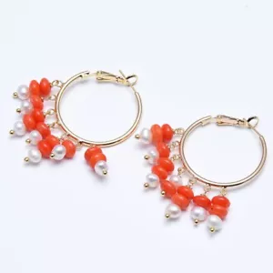 Orange Coral White Pearl Gold Plated Big Circle Hoop Earrings Handmade - Picture 1 of 6
