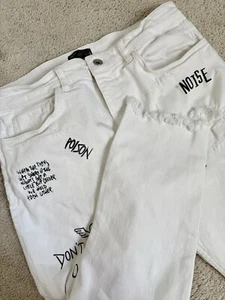 Zara Jeans Graffiti Graphic Art Bianco Distressed Uomo Taglia 34 Skinny Grunge Word - Foto 1 di 19