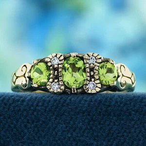 9K Yellow Gold Peridot and Diamond Vintage Style Three Stones Ring - Picture 1 of 8